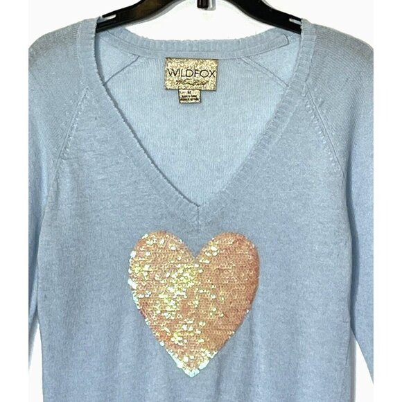 WILDFOX White Label Blue Angora blend Sequin Hearts V-Neck Sweater Top - Picture 6 of 10